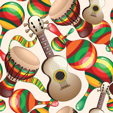Bongo percussion, Guitar, Maracas Exotic Music Instruments Vector EPS Icons Illustrations assembled to compose a Vector Seamless Repeat Cloth Pattern Design