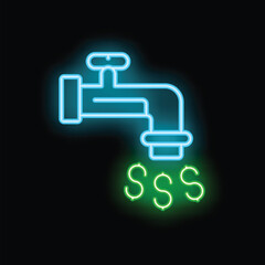 Obraz premium Neon blue faucet pouring green dollar symbols on dark background representing passive income and wealth concept