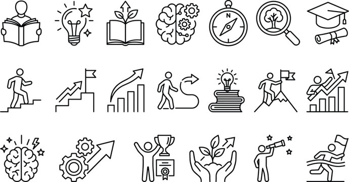 Success, Growth, and Education Icon Set Featuring Learning, Achievement, Motivation, and Goal Setting Symbols for Digital Media and Websites