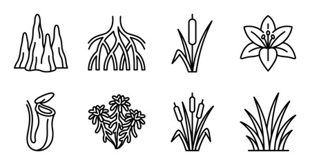Aquatic plants and roots line icons pitcher plant reeds lily water grass clusters © GoDesigner