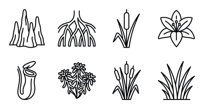 Aquatic plants and roots line icons pitcher plant reeds lily water grass clusters