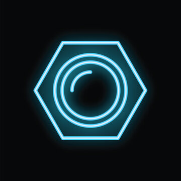 Blue neon sign shaped like a hex nut glowing on a black background