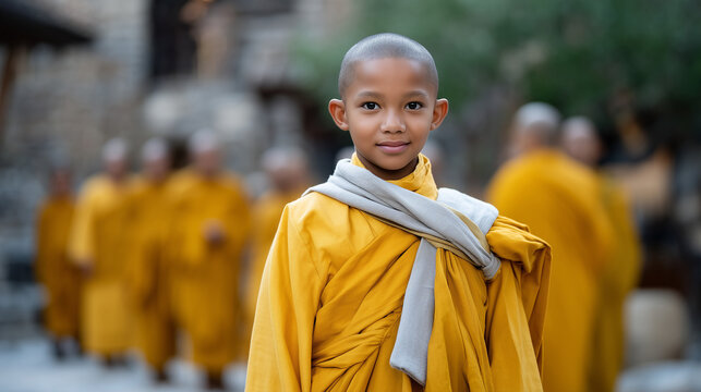 Buddhist novice receives saffron robes from senior monks in monastery courtyard at twilight, ordination ceremony and religious dedication commitment, ideal for monastic traditions, spiritual calling