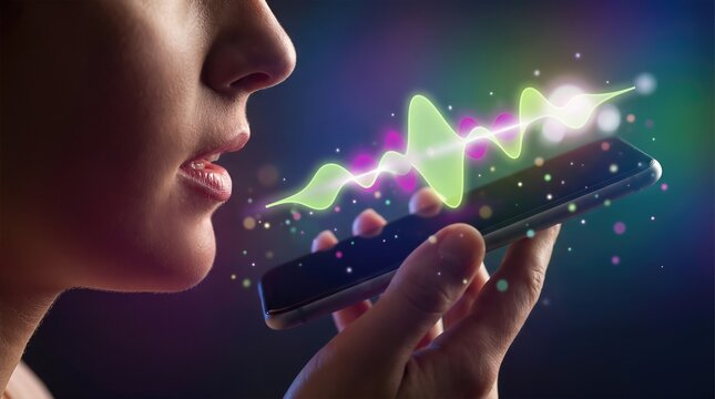 Female user interacts with smartphone using voice command, colorful sound wave graphics emanating from the device, dark background enhancing the digital theme