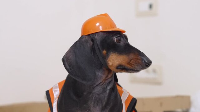 Dachshund dog in orange construction helmet and safety vest looking sideways with pleading eyes, funny worker pet humor, adorable animal concept