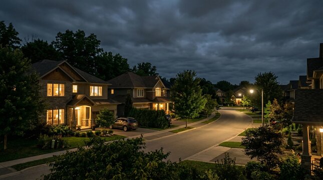 A quiet suburban street illuminated by glowing house lights and streetlamps under a dark, cloudy evening sky