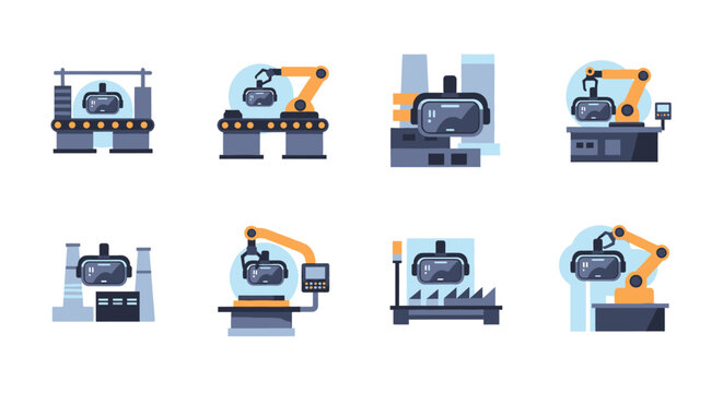 VR Headset Manufacturing Icons: Robotic Assembly & Automated Production Line Concepts