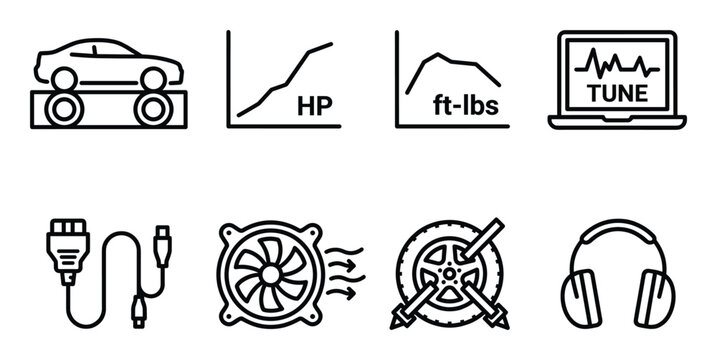 Automotive dyno tuning and ecu diagnostics icon collection for vehicle performance testing services