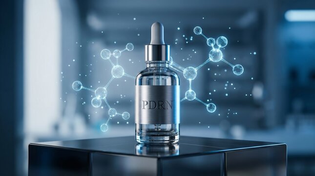 Premium cosmetic bottle labeled PDRN placed on reflective surface with abstract blue molecular hologram background, futuristic beauty innovation concept.