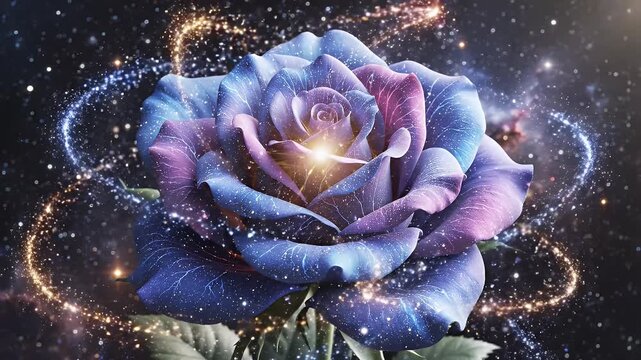 Luminous Galaxy Rose - A vibrant digital art animation features a close-up of a rose with luminous petals in shades of blue, pink, and purple.