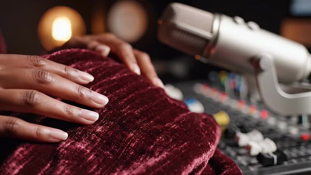 Gentle Touch on Velvet Fabric with Microphone - A close-up shot captures a person's hands gently rustling a piece of textured, maroon velvet fabric.