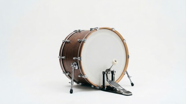 Professional Wooden Bass Drum with Pedal on White Background