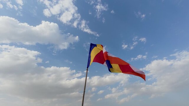 Colorful buddhist flag waves: Bharat, India, Sri Lanka, china, japan, korea, taiwan, Bhutan, Mongolia, Thailand, Vietnam, Cambodia, festival, 4k video. 