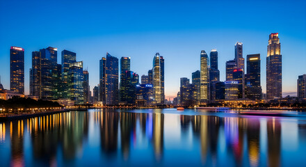 Fototapeta premium A stunning wide angle view of the singapore city skyline at dusk with beautiful water reflection