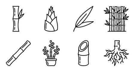 Bamboo plants segments and roots line icons for nature design growth stalks leaves sprouts pots © GoDesigner