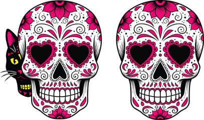 Obraz premium Sugar Skull with Floral Ornament and Black Cat Day of the Dead Decorative Skull Vector Illustration for Dia de los Muertos Design