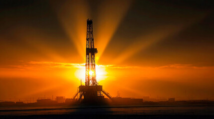 Obraz premium Oil drilling rig silhouette at sunset in industrial energy field