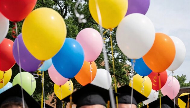 Colorful balloons floating above graduation caps. University commencement celebration with students. Academic achievement and future success