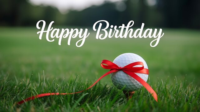White golf ball with red ribbon on grass happy birthday greeting concept