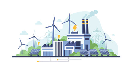 Naklejka premium Sustainable Energy Mix Power Plant: Wind Turbines, Solar Panels & Industrial Facilities Illustration