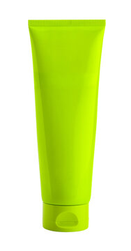 A light green cosmetic tube with a flap closure at the bottom on a white background