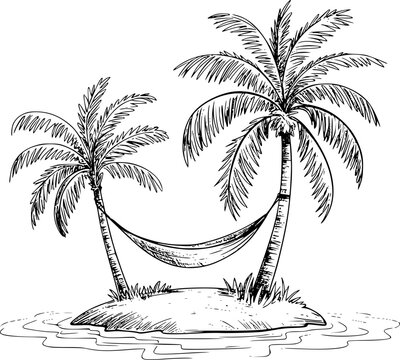 Hand Drawn of Palm Trees with Hammock Tropical Island in Ocean