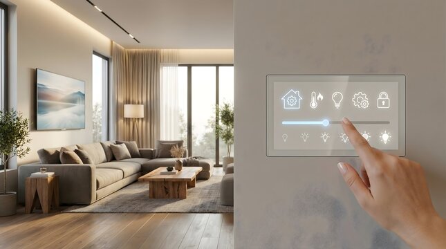 Sleek Smart Home Wall Tablet with Minimalist Lighting and Climate Control