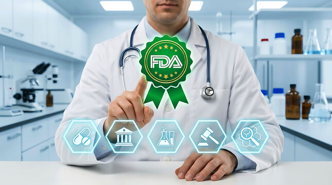 Doctor pointing at FDA approved seal icon representing medical regulation compliance