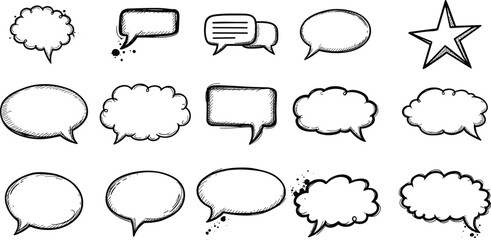 Fototapeta premium A collection of 16 hand drawn speech bubbles and conversation icons in various shapes and styles for comic books or dialogue