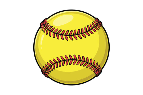 A vibrant cartoon style illustration of a yellow softball with red stitching ideal for sports graphics and designs on transparent background high-quality.