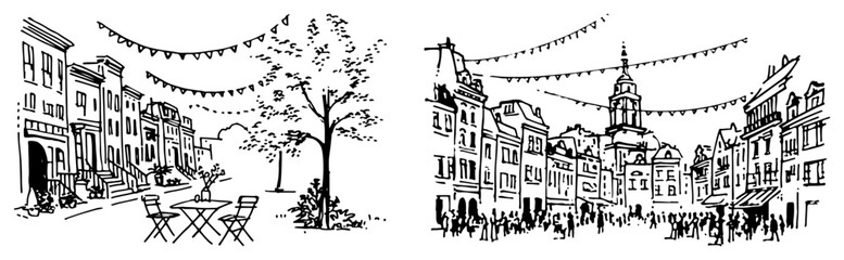 Naklejka premium European town square scenes with cafe tables and crowd of people detailed line art sketches