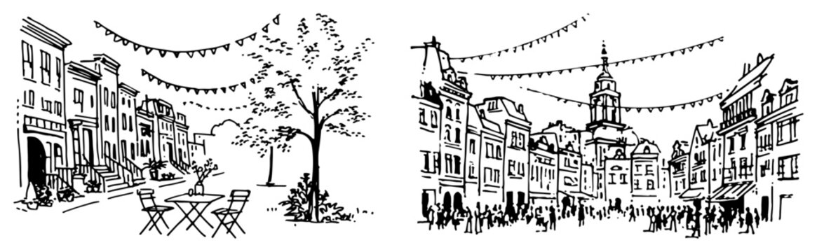 European town square scenes with cafe tables and crowd of people detailed line art sketches