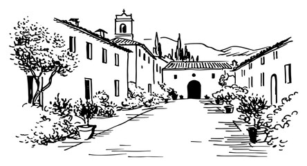 Traditional old town street with houses and potted plants line art style © Celestynka