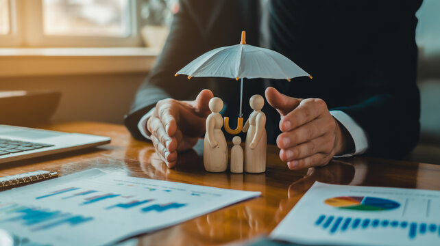 A professional businessman is sitting in a modern corporate office room with a small umbrella in his hand.
