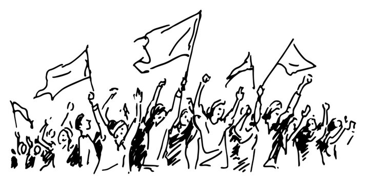 Crowd of people cheering and waving flags during event in hand drawn ink sketch style