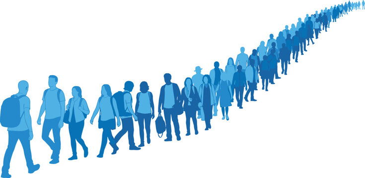 Long queue of diverse people standing in line crowd waiting perspective illustration social gathering collective movement patience discipline order