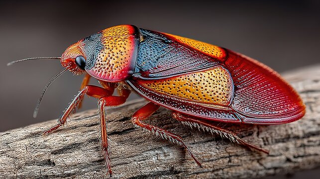 Macro Close-Up of Vibrant Iridescent Shield Bug with Textured Elytra on Weathered Wooden Log, Colorful Entomology Wildlife Shot, Natural Science Reference, Nature Design Asset