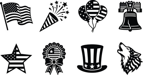 USA independence day icon set, american flag liberty bell fireworks patriotic symbols vector illustration collection fourth of july design pack © Sofikul