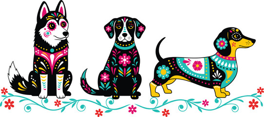 Fototapeta premium Colorful Decorative Dogs with Floral Folk Art Patterns Cute Dog Illustration Set Inspired by Traditional Ornament Vector Design Collection