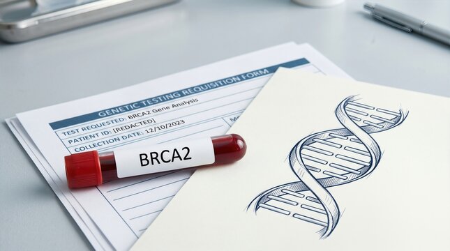 Blood sample tube labeled BRCA2 placed on genetic testing requisition form with DNA illustration on white paper, medical office setting with tools in background