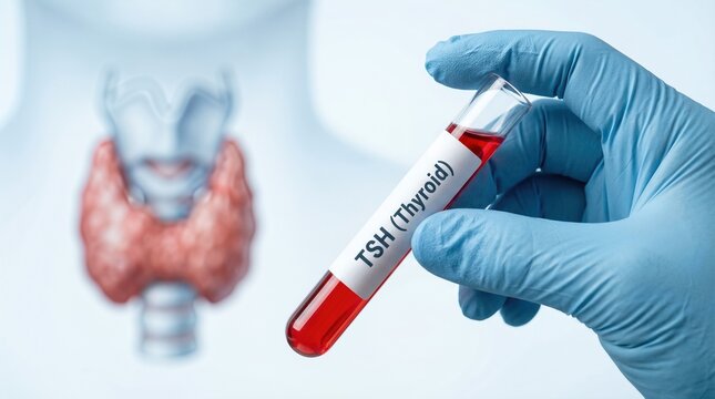 Medical professional in blue gloves holds a test tube labeled TSH (Thyroid) with a thyroid gland illustration in the background, emphasizing laboratory analysis and health diagnostics