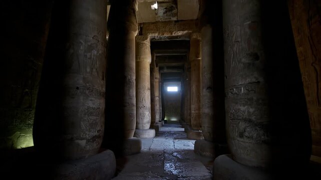Ancient hall of the Abydos Temple with towering columns and intricate hieroglyphs, showcasing the spiritual depth and architectural mastery of Ancient Egypt.