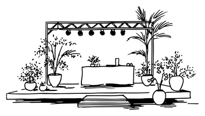 Empty event stage with plants and lighting equipment in hand drawn ink sketch style © Celestynka