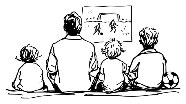Father and children watching soccer match on television at home in hand drawn ink sketch style