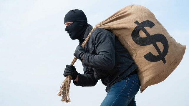 Thief with a sack of money, masked robber carrying a burlap bag with a dollar sign