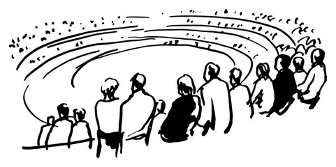 Fans watching sports game in stadium stands from behind in hand drawn ink sketch style © Celestynka