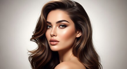 Fototapeta premium Stunning young woman with wavy brunette hair and radiant makeup posing elegantly against a soft neutral background