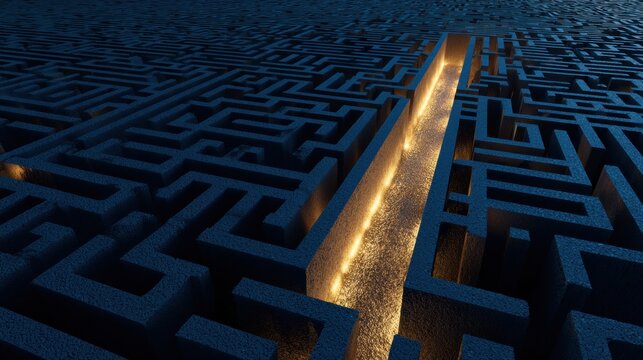 Concept of Navigating Legal Challenges Through an Aerial View of a Maze Illuminated by a Warm Path in Deep Blue Colors