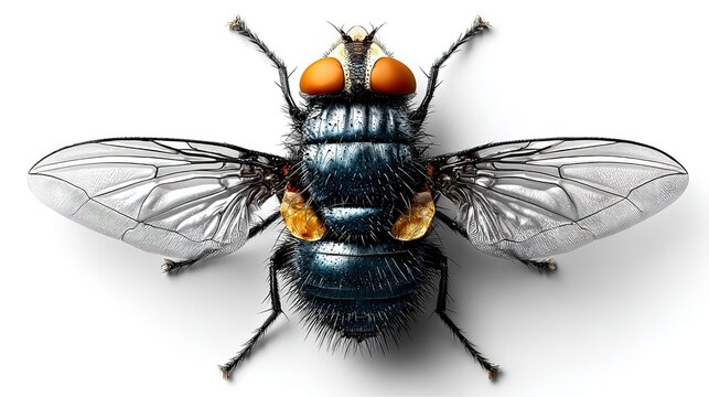 Detailed Close-Up of Blue Bottle Fly with Orange Compound Eyes and Transparent Veined Wings, Isolated on White Background, Entomology Educational Resource, Scientific Reference