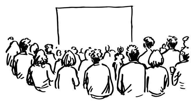 Audience sitting in rows and watching a large screen in simple line drawing style